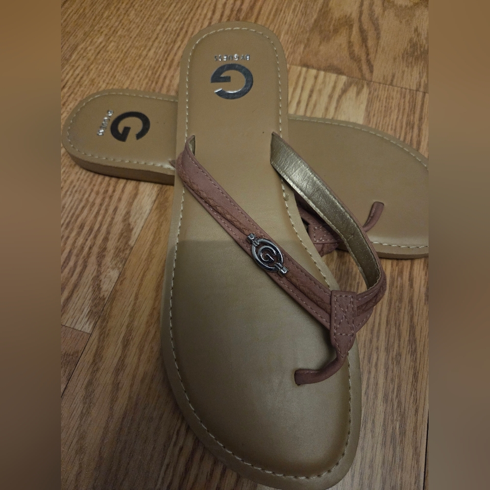 G By Guess Light Pink/Tan Thong Sandals with Logo Charm
